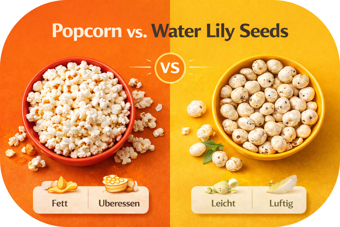 Popcorn vs water lily seeds comparison showing a lighter, airy, and healthier snack alternative to traditional popcorn.