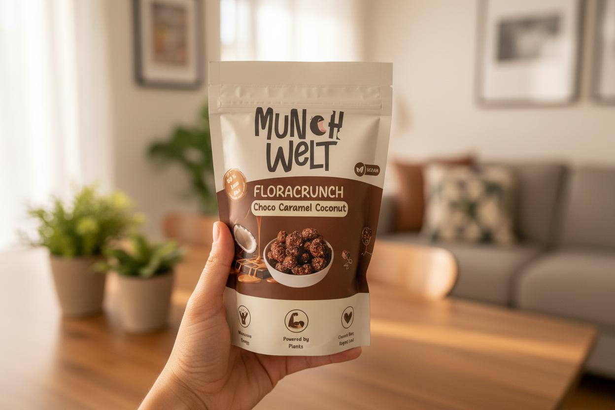 Person holding FloraCrunch snack pack at home
